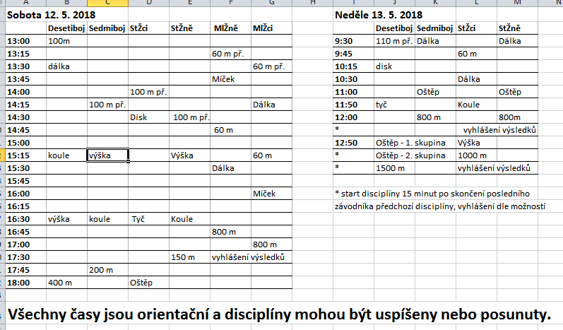 2018 05 12-13 víceboje přebor KAS a oblasti ČOS - časový pořad